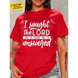 Women's Plus Size 100% Cotton Short Sleeve Crew Neck T-Shirt - With "I Sought The Lord And He Heard And He Answered" Faith Graphic (White Font Design), Soft Breathable Casual Top Suitable For Daily Leisure & Faith-Inspired Gatherings