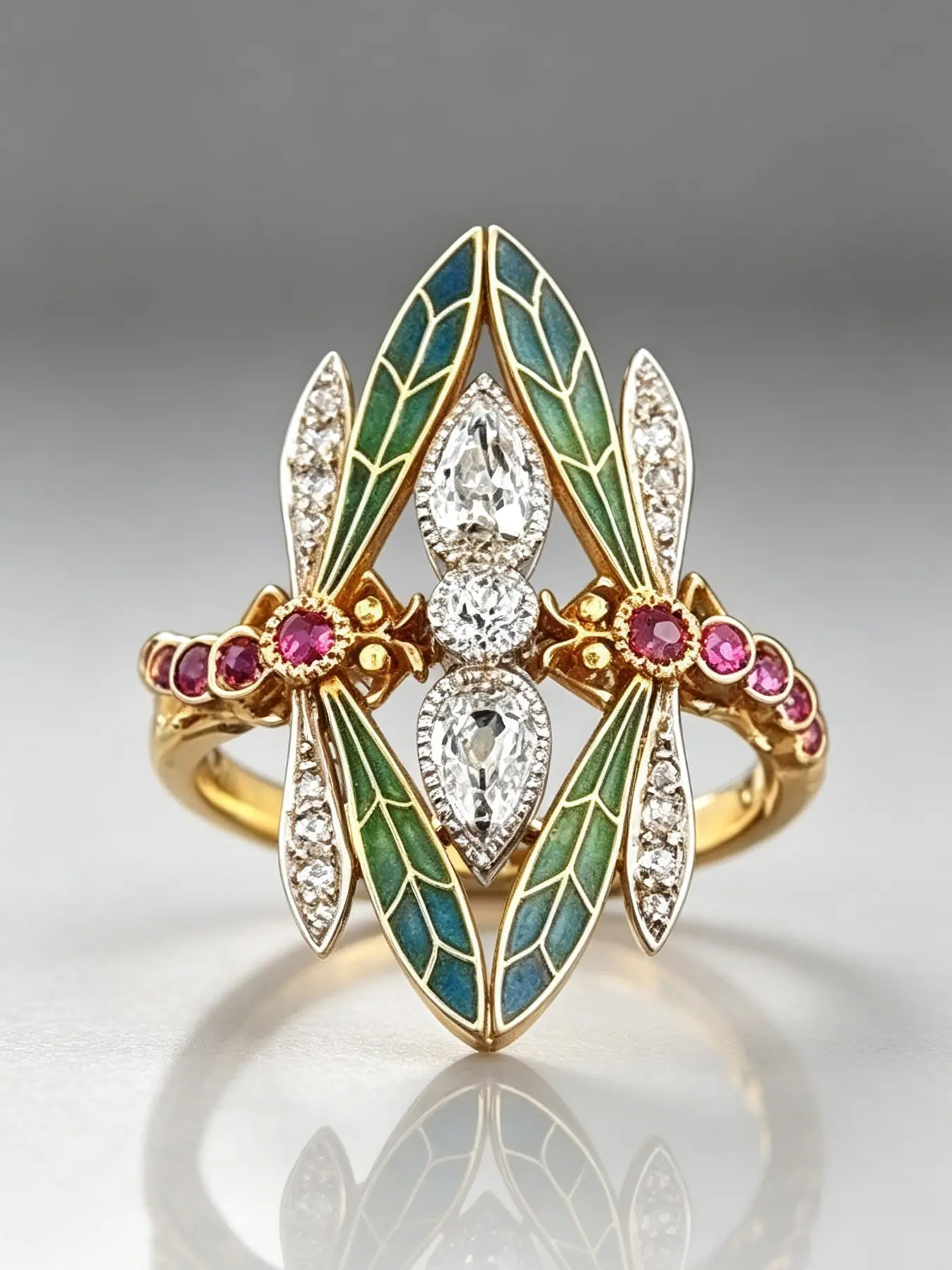 1 Piece Vintage Enamel Double Dragonfly Ring, Inlaid Multicolor Cubic Zirconia Insect Finger Ring, Art Nouveau Style Colorful Enamel Statement Costume Jewelry For Women