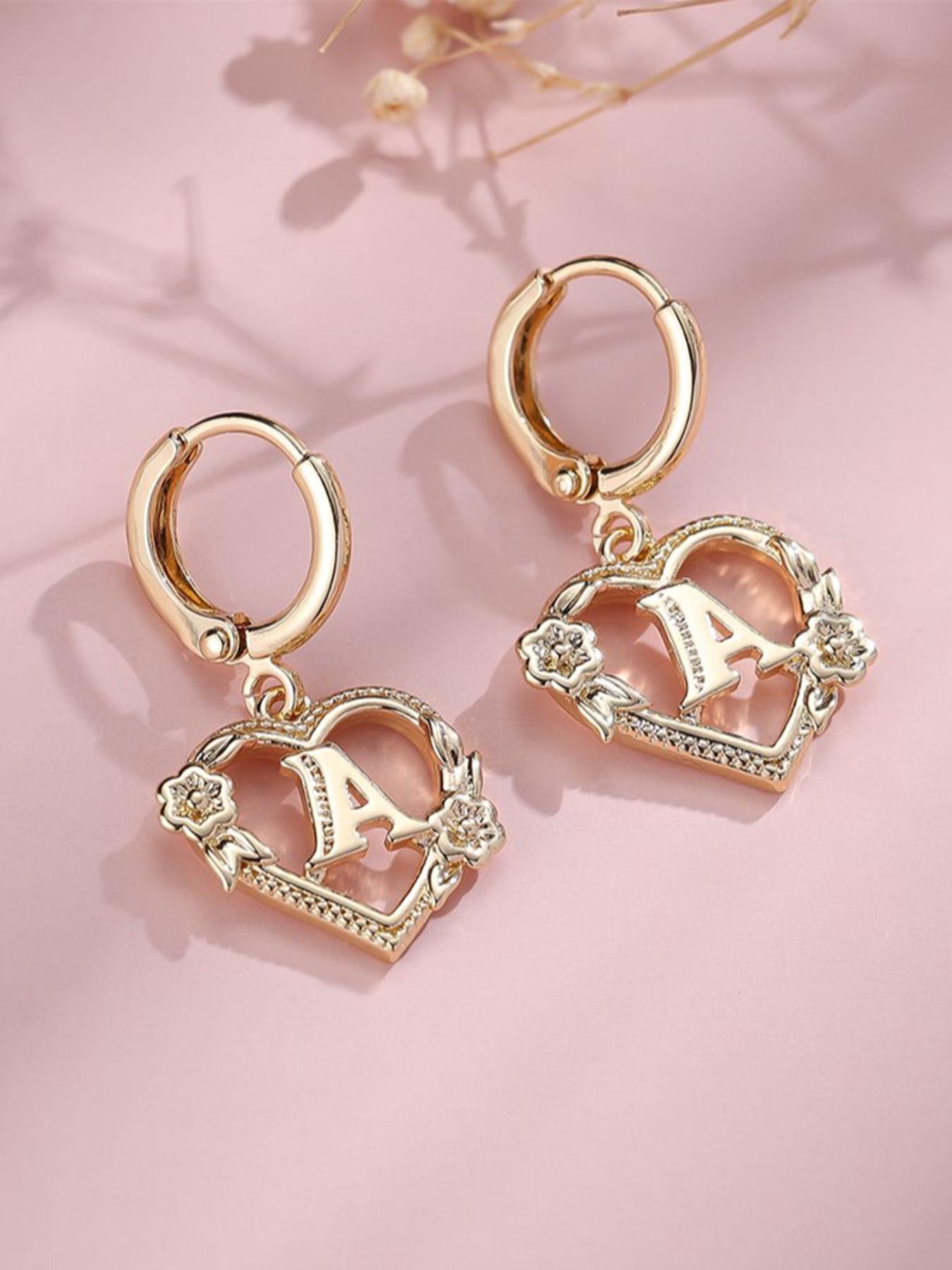 Fashionable Heart & Flower Design Dangle Earrings, Heart Shaped Earrings, Letter Design Drop Earrings for Women, Trendy All-match & Exquisite Jewelry for Birthday Gift