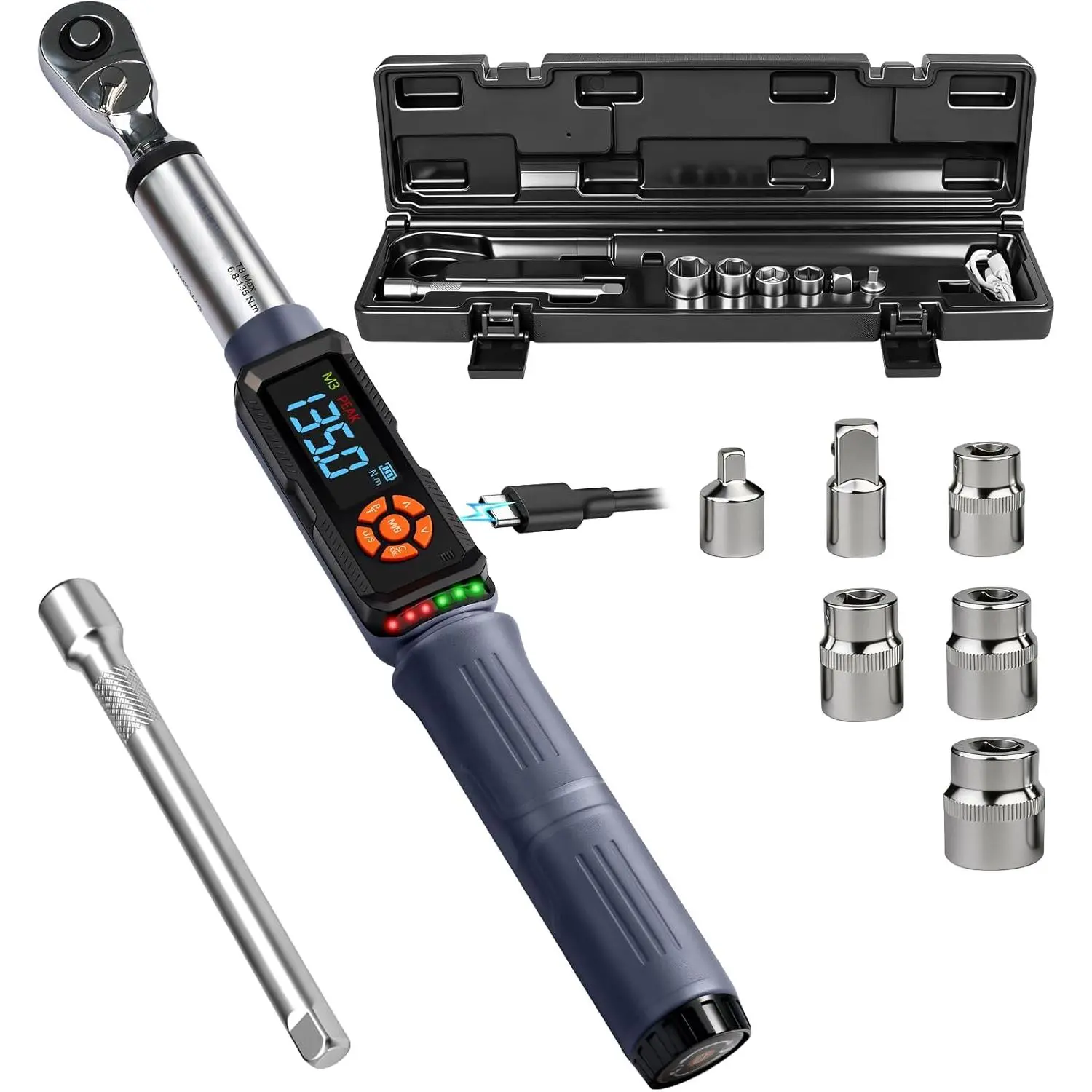 Upgraded Rechargeable Digital Torque Wrench, 5-99.6 Ft-lbs/6.8-135Nm, 3/8'' Drive Electric Torque Wrench Set with Buzzer & Colorful LED & Vibration for Car Motor Tire Repair