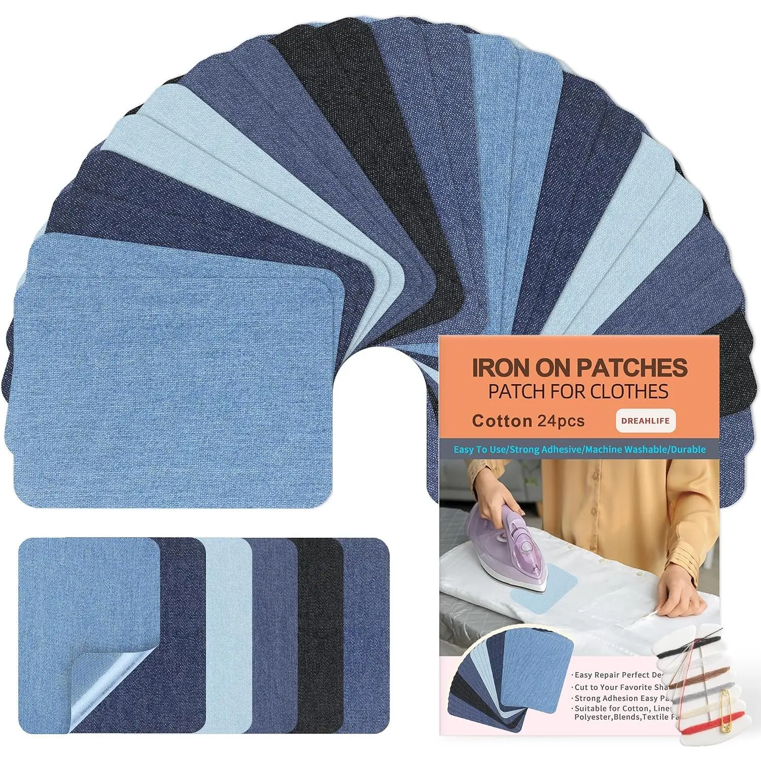 Iron  Patches for Clothes 24 count, Iron  Patches for Jeans Denim | Denim  Fabric Repair Patch for Ripped Jeans, Inside Jean, Repair Holes, , Pants 3" by 4-1/4" Blue&Black