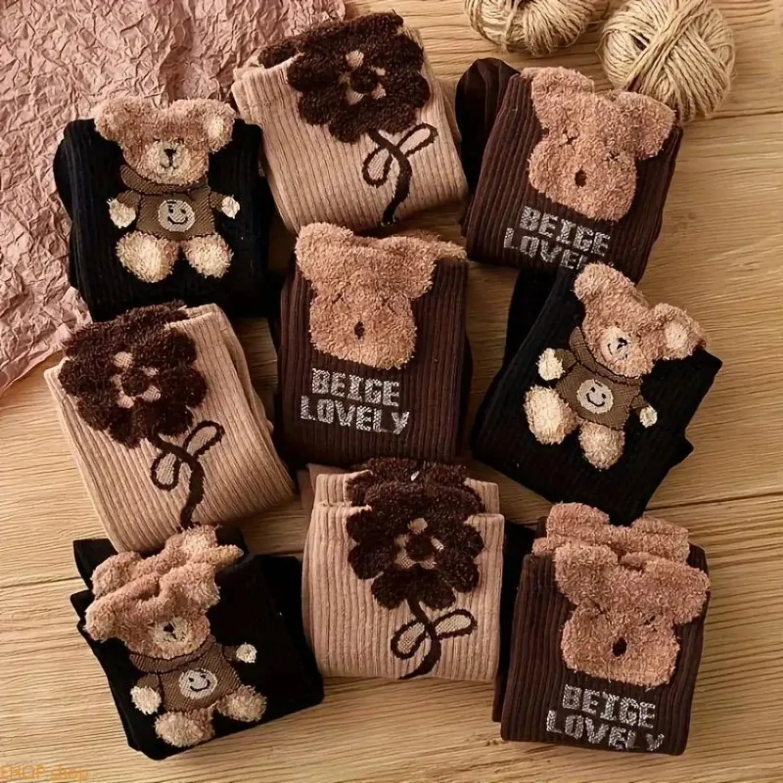 Women's 6-Pair Cute Bear Striped Mid-Calf Socks, Soft Polyester Comfortable Mix Colors Lady Socks, Warm Hand Washable Daily Wear Accessory for Autumn Winter, Mix Colors 6Pairs