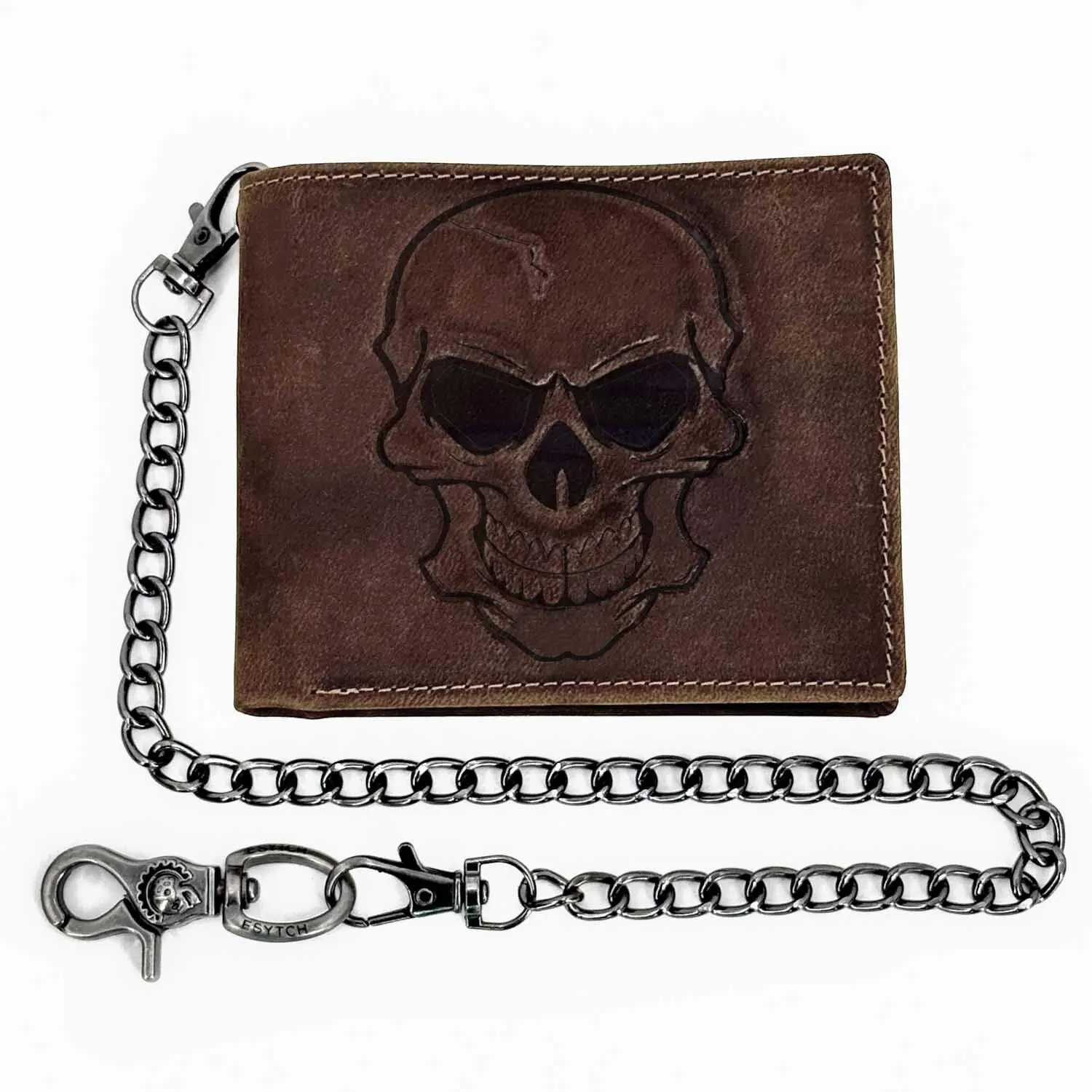 Men's Biker Trucker Wallet - Genuine Leather Bifold Wallet with Skull Motif, Chain, Ideal Gift for Men, Men's Wallet