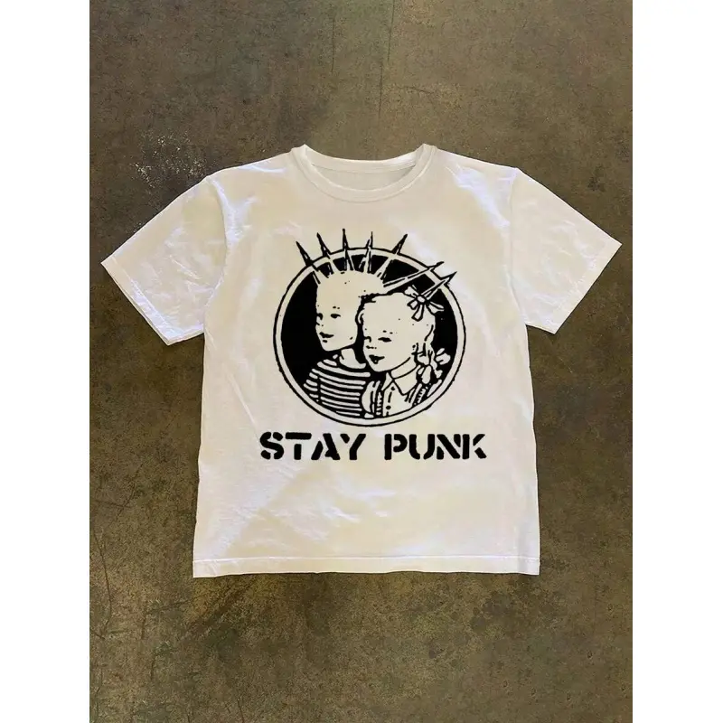 INAWLY Vintage "Stay Punk" Letter & Cartoon Graphic T-Shirt, Casual & Streetwear Style Loose Fit Round Neck T-Shirt For Women, Summer