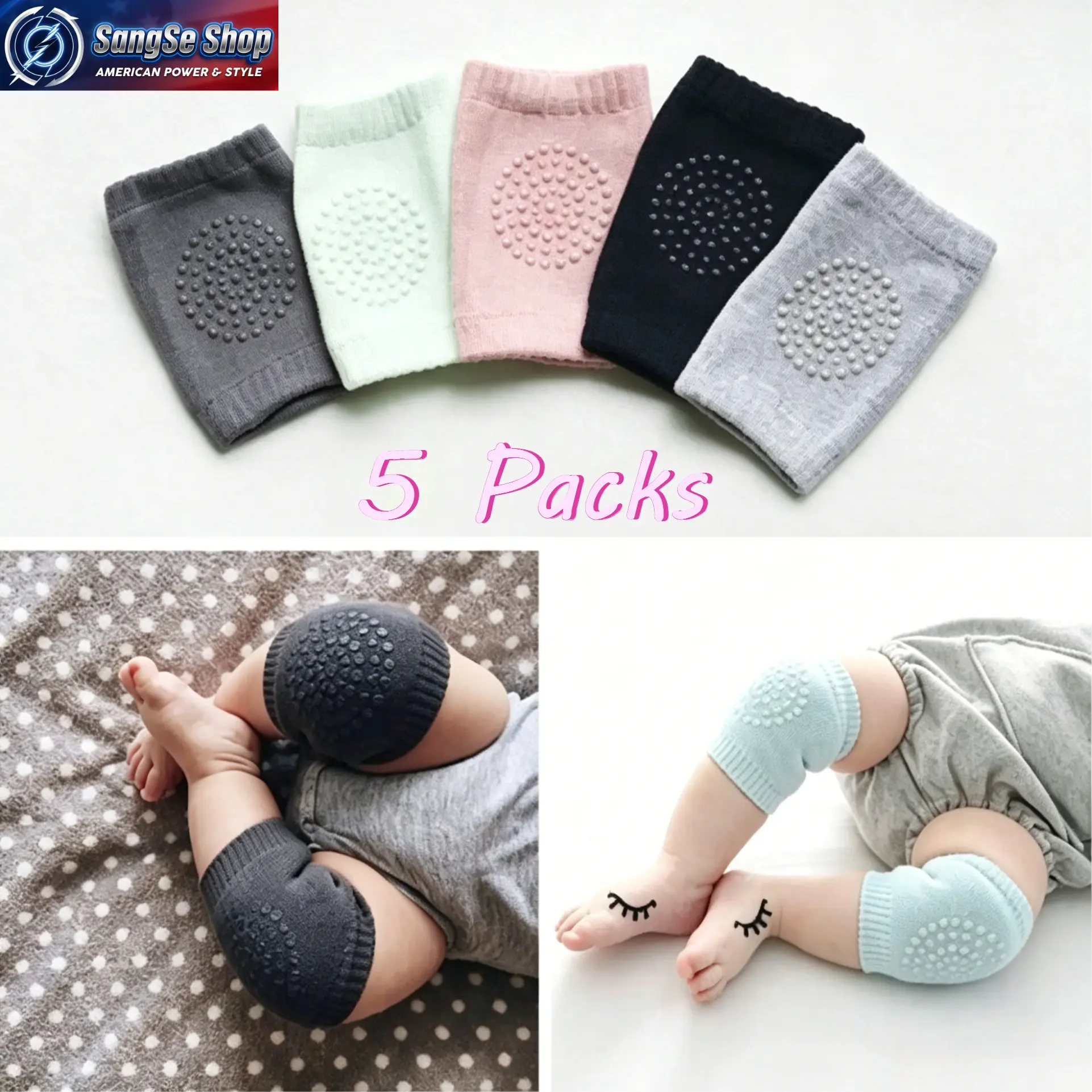 5-Piece Infant Kneesocks & Knee Pad Set, Soft Breathable Cushioned Protectors with Anti-Slip Grips for Crawling & Walking