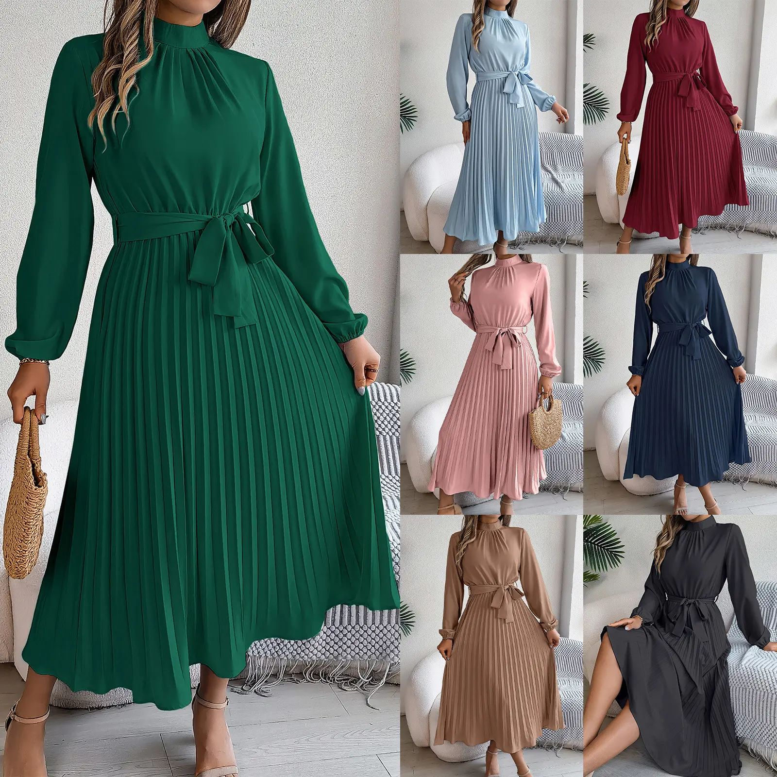 Yesfashion Women's Elegant Stand Collar Long Sleeve Pleated Maxi Dress - 95% Polyester 5% Elastane Formal Party Dress with Ruched Waist, Comfortable Stretch Fabric, Chic Evening Wear