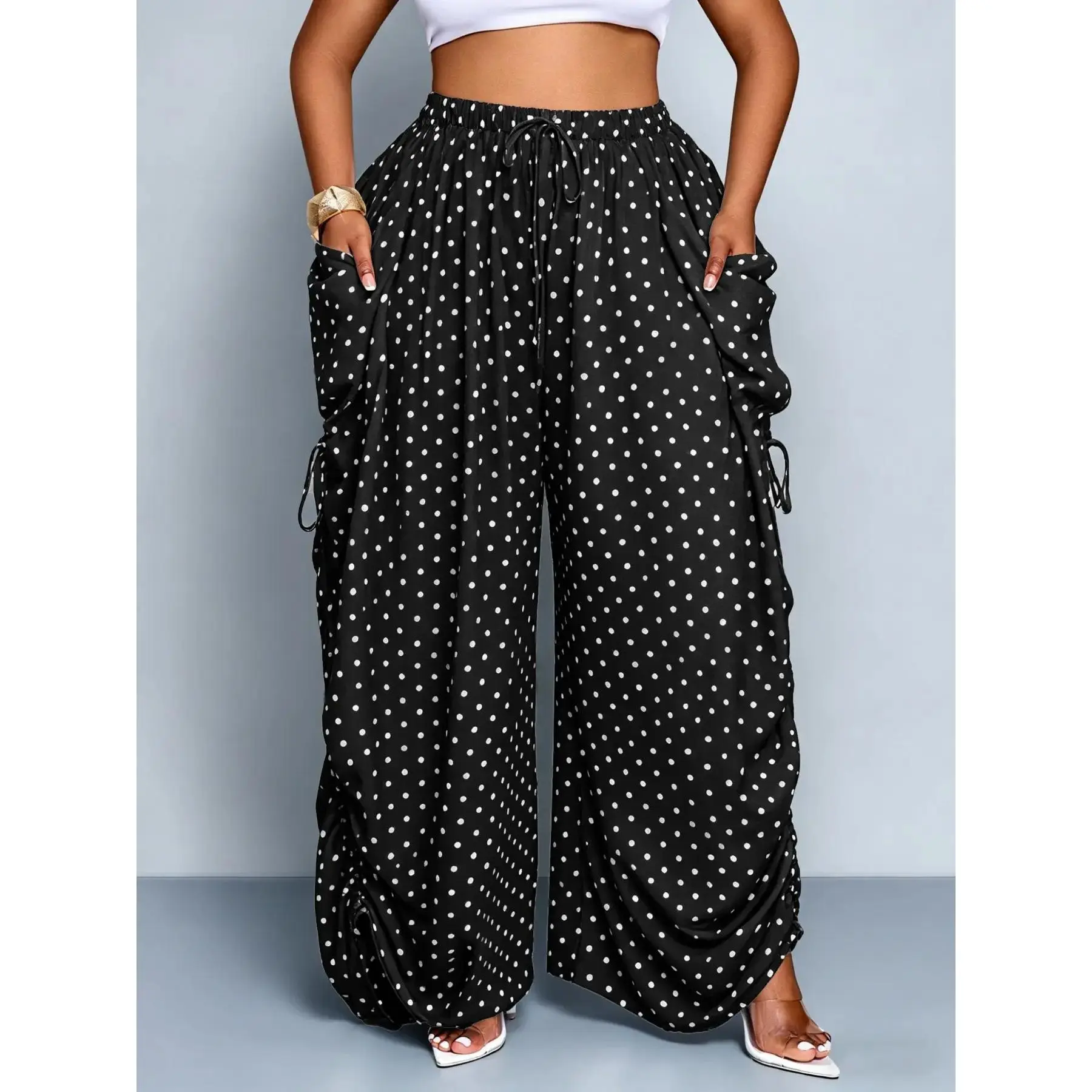 Plus Size Women's Base Polka Dot Wide Leg Pants, Elastic Waist Drawstring Large Pockets, Lazy Style Casual Pants