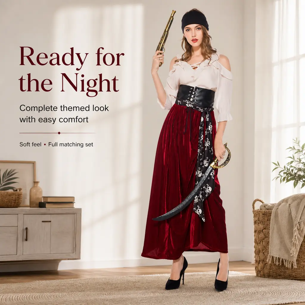 Women's Vintage Halloween Pirate-Inspired Complete Costume Set - Silky Off-Shoulder Ruffle Blouse, Glossy Velvet Long Skirt, Strap Head Wrap, Decorative Waist Accessories, Breathable Fabric
