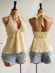 Women's Fashion Comfortable Casual Lace Patchwork Tie-Back Halter Vest, Stylish Backless Design, Perfect for Daily Wear