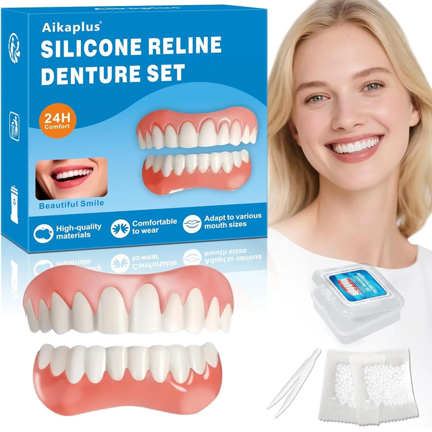 Moldable False Teeth, Silicone Denture Set for Women & Men | Upper & Lower Denture Set, Moldable Beads, Shape Within Minutes, Fix Your Smile Appearance, Reusable Case