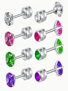 Unisex Stainless Steel Earrings, 4 Pairs 8 Pieces, Screw-On Colorful Cube Design, Daily Wear, Perfect Gift for Friends