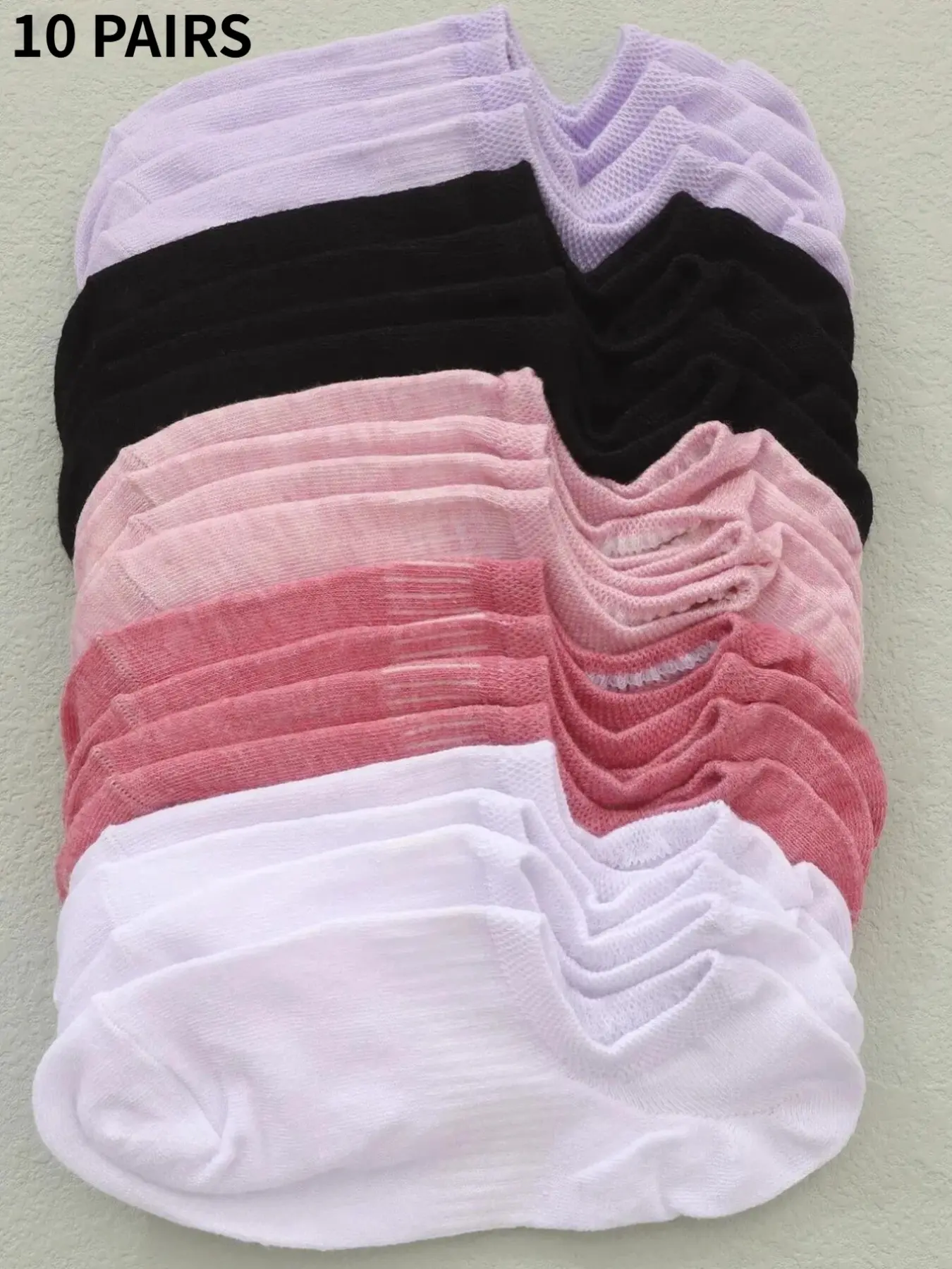 10-Pair Pack of Solid-Color, Breathable, Lightweight Invisible Ankle Socks: Women's Basic Casual Plain Socks in Pink, Purple, White, and Black. Clean Girl Minimalist, Versatile, and Great Value—Perfect for Stocking Up