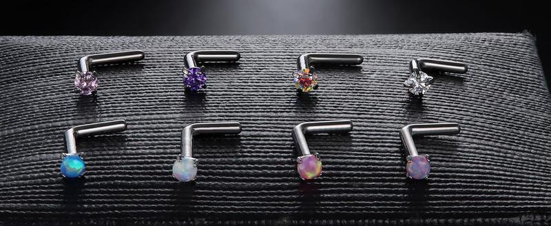 LOYALLOOK 8counts Nose Rings Studs Titanium Nose Rings 20G/18G Corkscrew Nose Ring L Shape Nose Studs Diamond CZ Silver Gold Nose Screw Rings Studs Hypoallergenic Nose Piercing Jewelry 1.5mm 2mm 2.5mm 3mm Gauge Size Trendy Modern Fashion