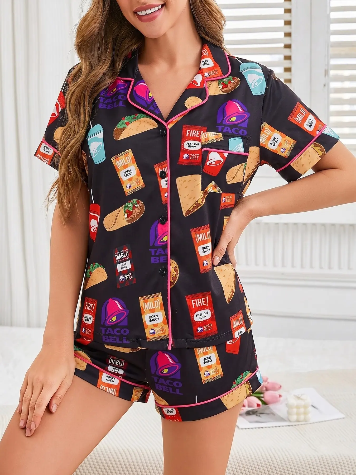 Women's 2-piece pajama set with fun Taco Bell taco & drink prints on black base, pink contrast piping. Lapel short sleeve top with pocket, soft elastic waist shorts, lightweight casual loungewear fit for daily wear all year round Nightwear Pjs
