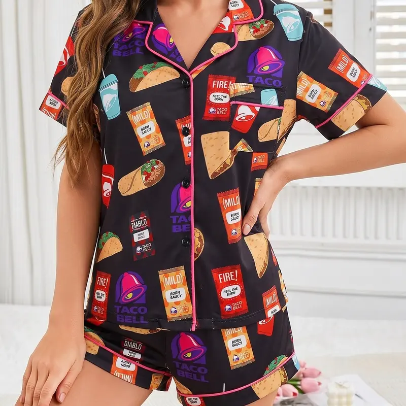 Women's 2-Piece Pajama Set, Fun Taco Bell Themed Taco & Drink Prints on Black Base, Pink Contrast Piping, Lapel Short Sleeve Top with Pocket, Soft Elastic Waist Shorts, Lightweight Casual Loungewear, Fit for Daily Wear All Year Round, Loungewear Pjs Set