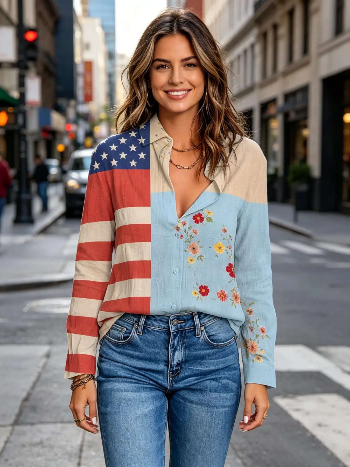 2026 New Women's Colorblock Star-Spangled Floral Long Sleeve Blouse, American Flag Light Blue Embroidery Flower Collar Casual Shirt