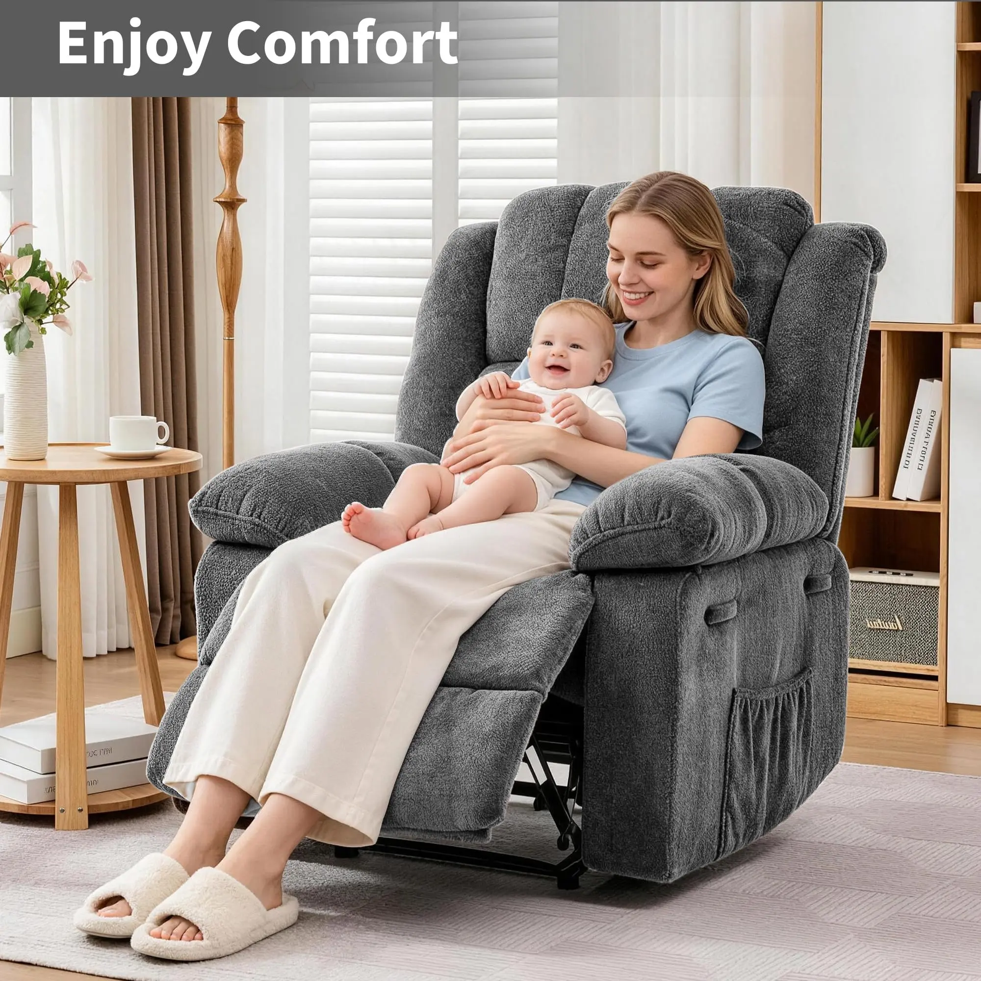 Extra Wide Manual Recliner Armchair for Adults - Ergonomic Upholstered Lounge Chair with Footrest, Side Pocket & Sturdy Frame