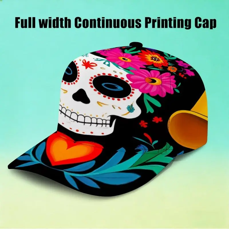 Colorful Day of the Dead Sugar Skull All-Over Print Party Hat, Seamless Continuous Uninterrupted Pattern that Flows Across Seams, One Size Fits Most Mixed Color Style, Festive Accessory for Día de los Muertos Themed Parties and Holiday Gatherings