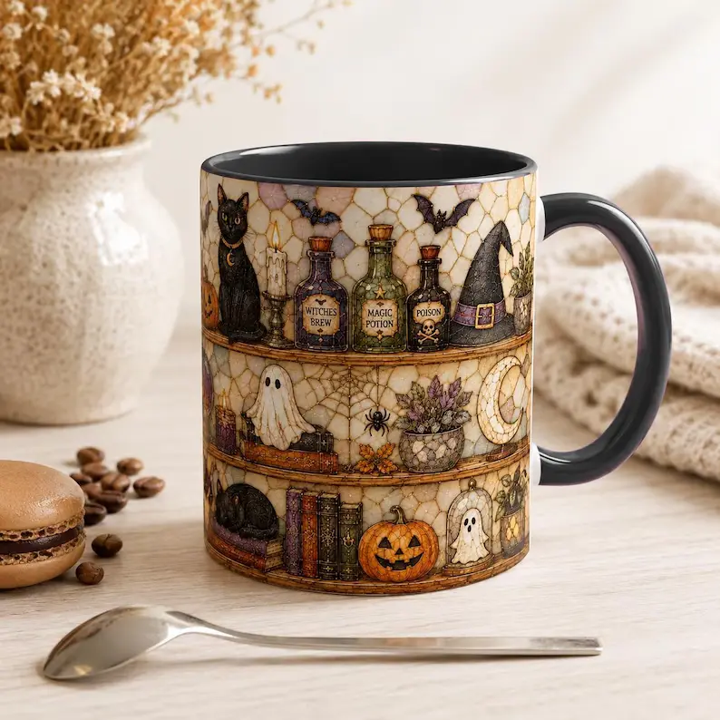 Halloween Cat Bookshelf Mug, Stained Glass Witchy Coffee Cup, Dark Academia Gift, Halloween Gifts, Christmas Gifts
