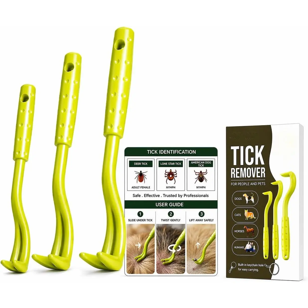 Tick Remover Tool for Dogs, Cats & Humans, 3 Pack Tick Removal Kit + Identification Card & Keychain Hole, Safely Removes Entire Tick Head & Body, Easy Portable Tool for Pets & First Aid Kits