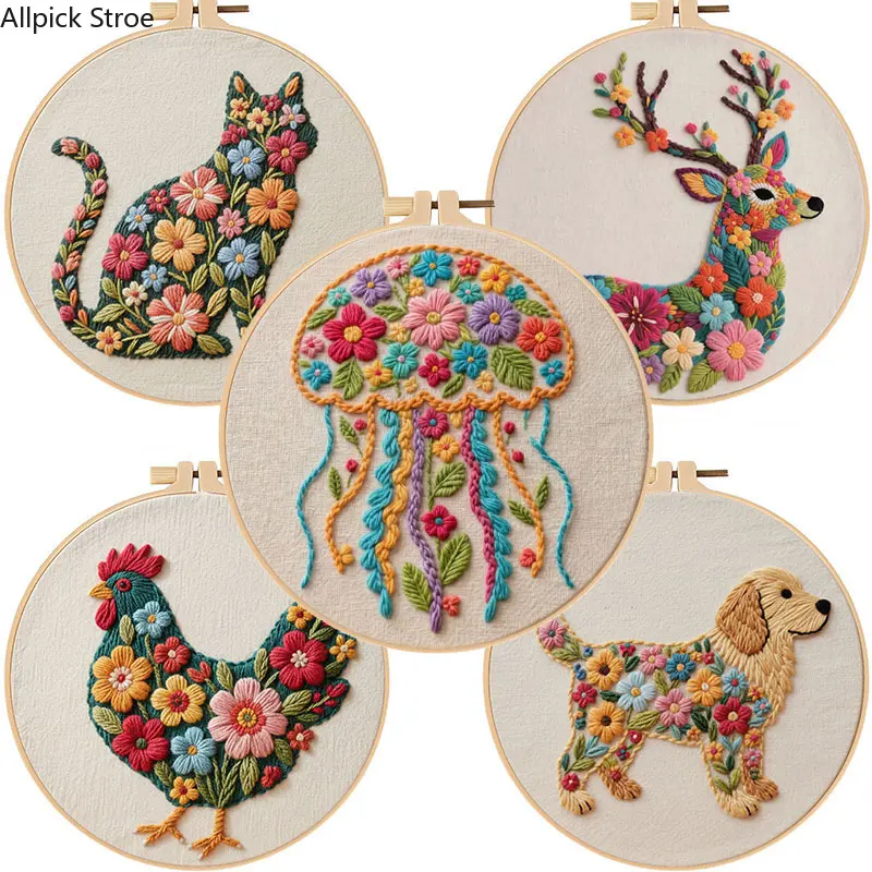 Flower & Animal Embroidery Kit for Beginners – Handmade DIY Practice Stitch Craft Set with Pre-Printed Fabric, Floss & Hoop