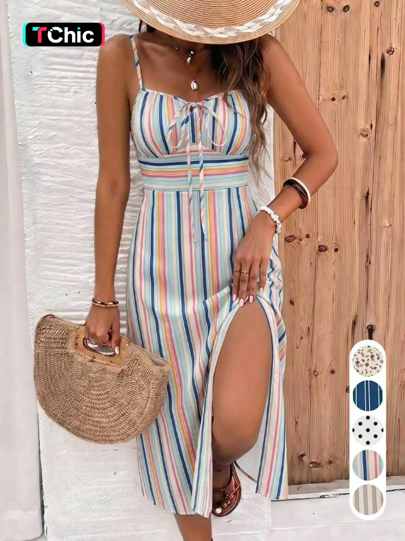 Strappy Split Dress, Side Slit Halter Dress, Multi-Print Beach Dress, Soft Casual Style, Simple Commute Dress, Summer New Arrival, Island Vacation Wear, Casual Beach Sundress