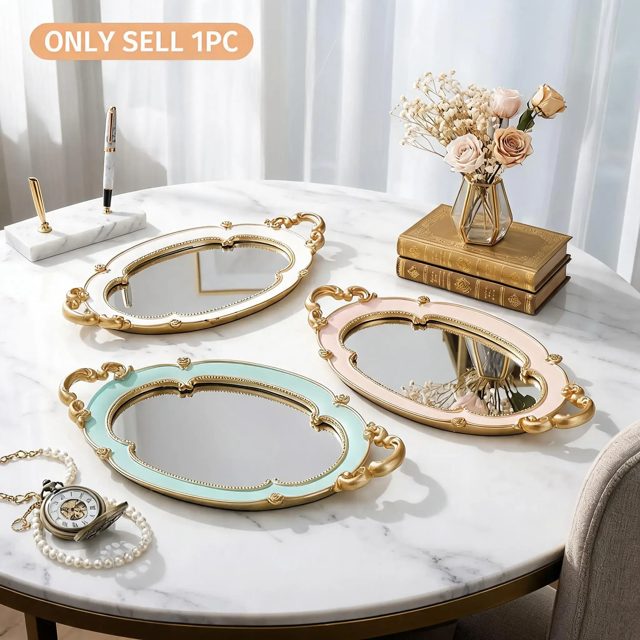 French Luxury Resin Mirror Tray, Embossed Design, Ideal for Wedding Decor, Party Setup, Makeup Vanity, Bathroom Storage