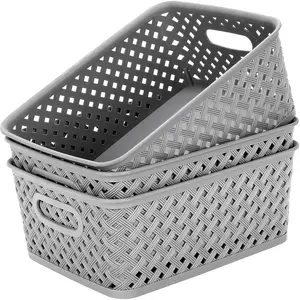 Organization and Storage 3 Packs, Plastic Bins Organizer Bins, Woven Baskets for Storage, Plastic Baskets with Handles, Grey Basket for Organizing, Basket Organizer for Home and Office, Medium