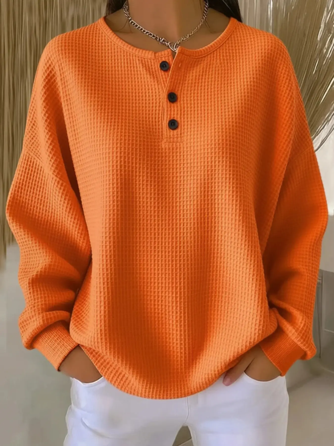 2026 Fashion Round Neck Waffle Knit New Solid Color Long Sleeve Pullover Loose Top, Stylish and Comfortable Casual Wear, Perfect for Daily