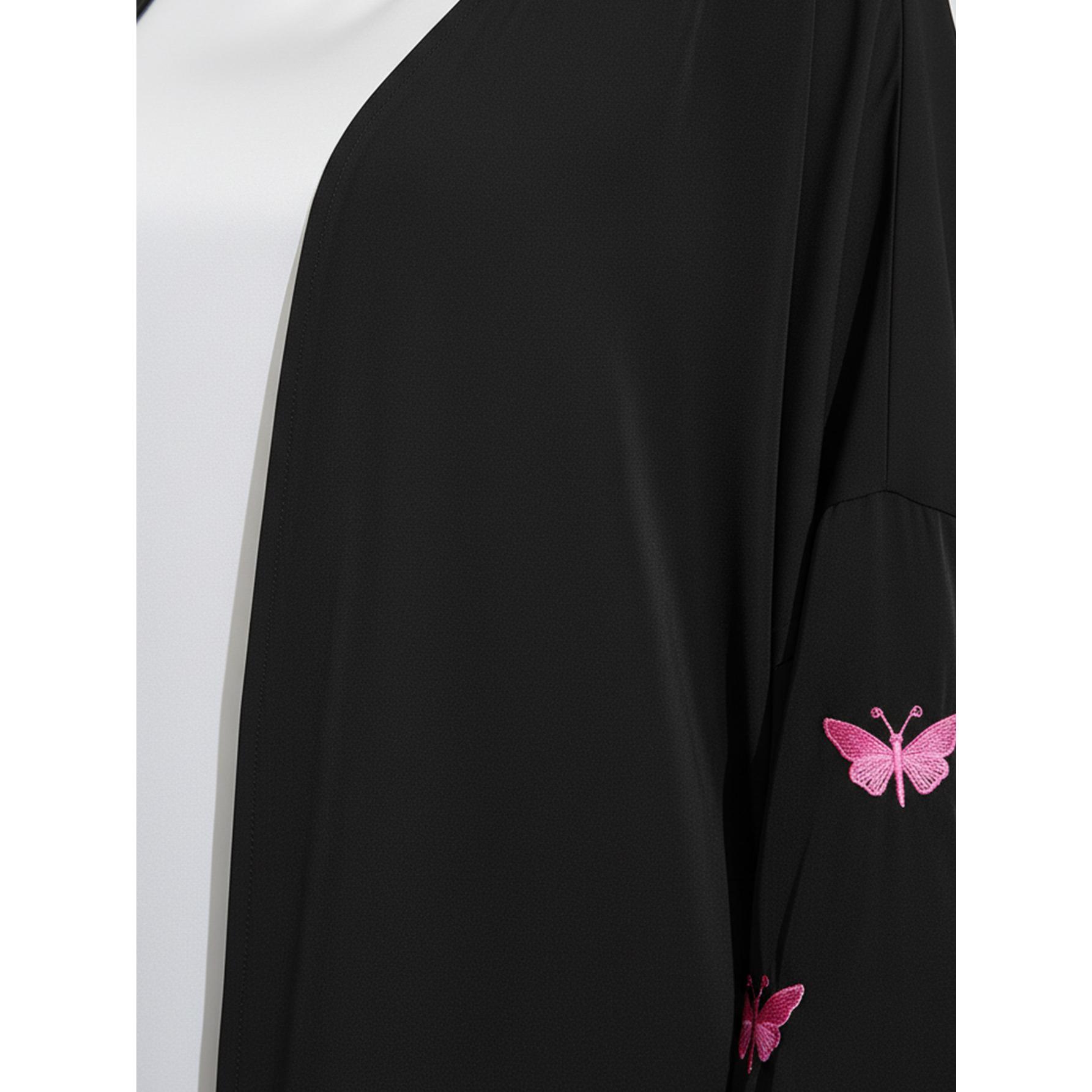 Butterfly Embroidered Open Abaya Chic Kimono Cardigan | One Size Fits Most | Modest Black Casual Robe for Travel, Prayer & Daily Style Butterfly Embroidered Open Abaya Chic Kimono Cardigan | One Size Fits Most | Modest Black Casual Robe for Travel, Prayer & Daily Style
