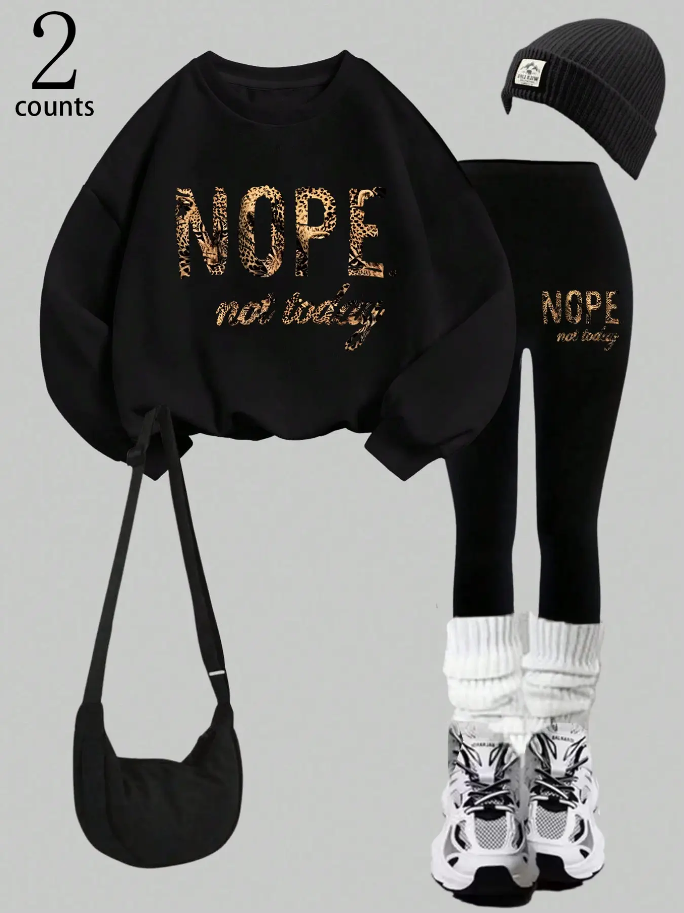 Women’s 2 Piece, Leopard Print Nope Letter Crewneck Oversized Sweatshirt & High Waist Leggings, Casual Loungewear Tracksuit, Soft Cozy Streetwear