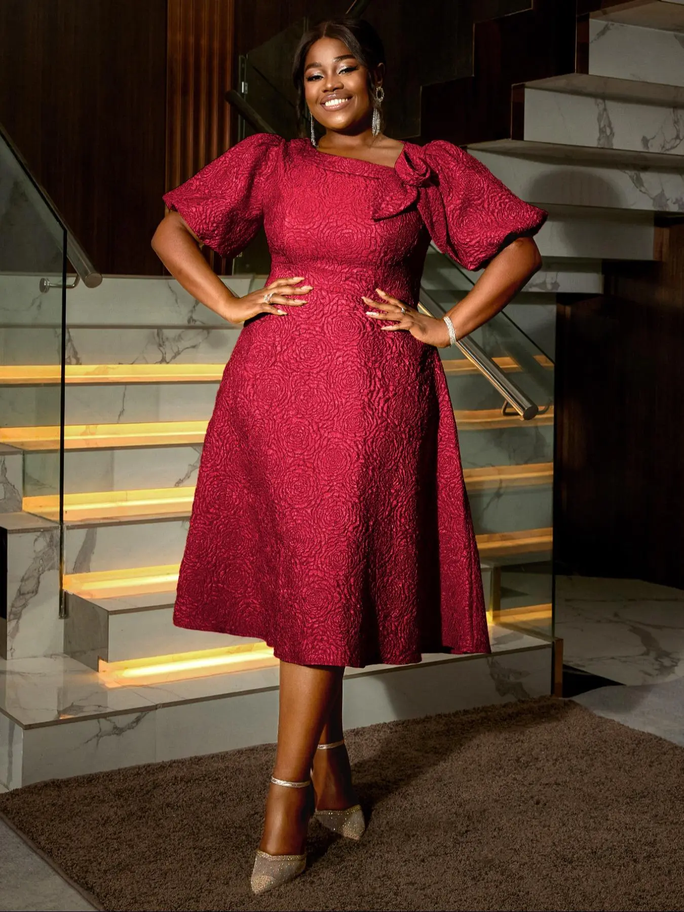 slimming cocktail dresses for plus size Aomei Fashion Bubble Sleeve High Waist Elegant Dress, a Line Formal Party Dress, Wedding Guest Wear, Knee Length, Plain, Fitted, Unlined The bride dresses Style:EP09890BO Ecom Style:AP1E213245 ASTR the Label | line silhouette and a