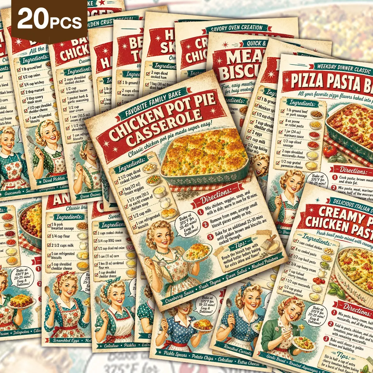 20-Pack Vintage Classic American Restaurant Food Recipes Postcards - 4*6inch Retro Junk Journal Supplies, Classic Pinup Illustrations Collectible Decorative Painting Cards for Scrapbooking & Crafting Decoration