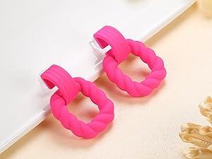 FUNRUN 4Pairs Hot Pink Earrings for Women Statement Earrings Geometric Heart Drop Hoop Earrings Boho Long Tassel Dangle Earrings