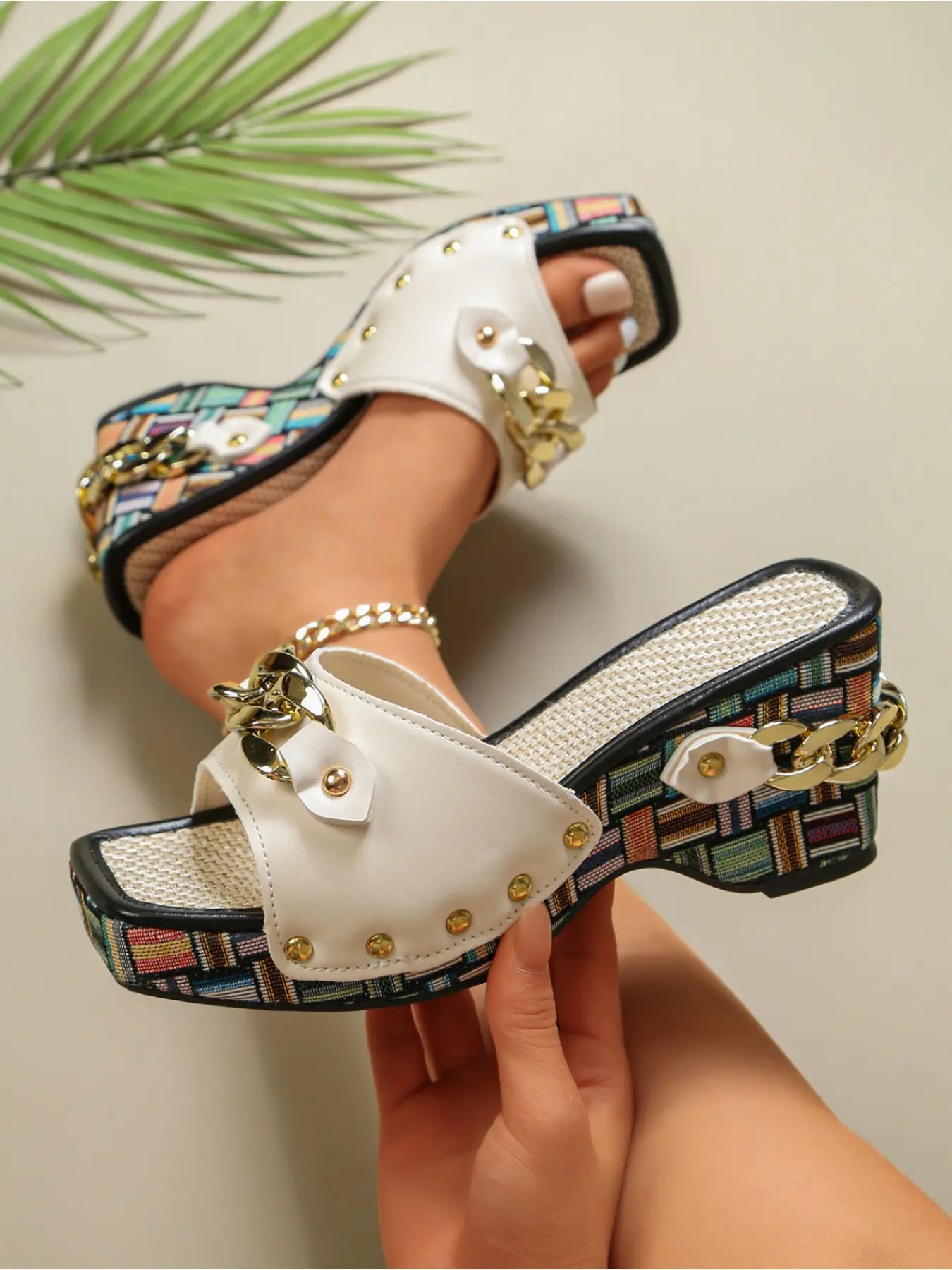 Women Color Ethnic Plaid Chain Rivet Wedge Slide Sandals Square Open Toe Platform Mules
