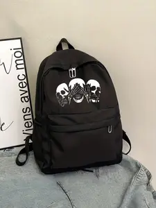 Classic Skull Print Backpack, Wide Straps for Comfort, All-Season Use, Perfect for School, Commute, Street Style, Durable & Versatile