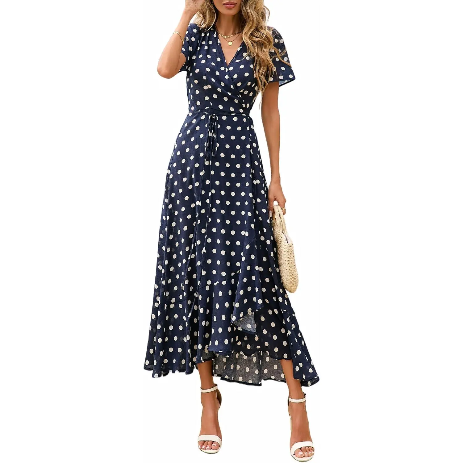 Women's Light Spandex Boho Floral Wrap V-Neck Short-Sleeve Long Flowy Maternity Maxi Dress - Gorgeous Elastic Beach Wedding Guest Vacation Wear, Shortsleeve, A-Line, Asymmetrical, Casual Outdoor, Daily Life, Belted, Chic, Classic, Split Detail, Full-Lengt