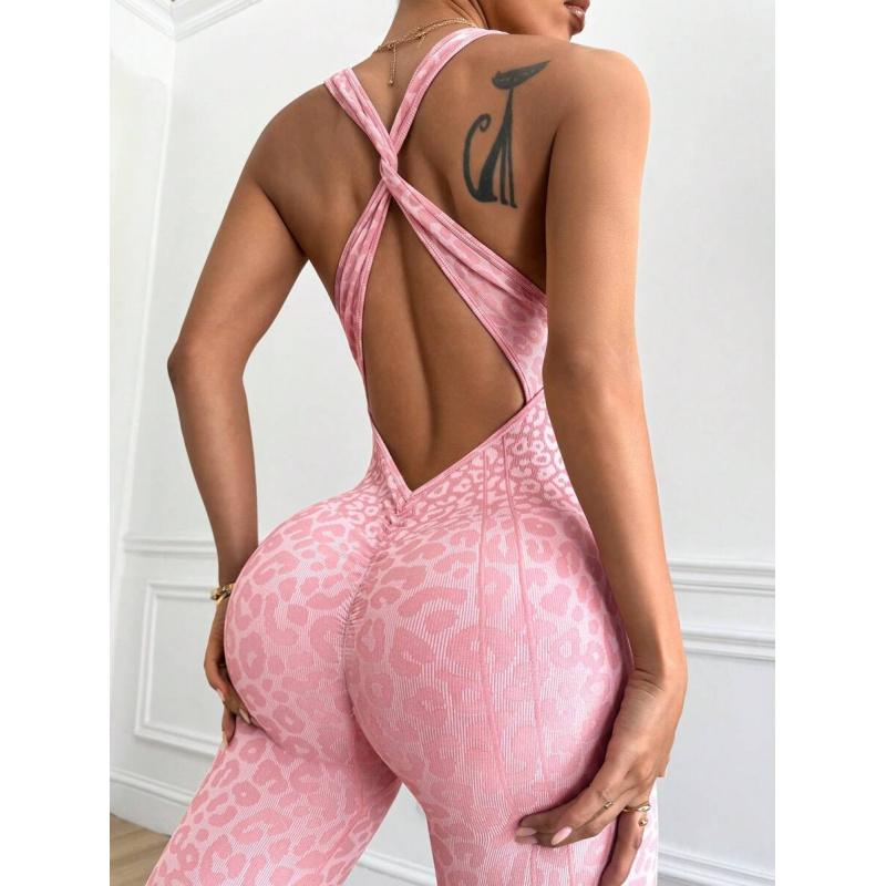 Women's Leopard Yoga Jumpsuit  Sexy Cropped Romper for Pilates  Gym