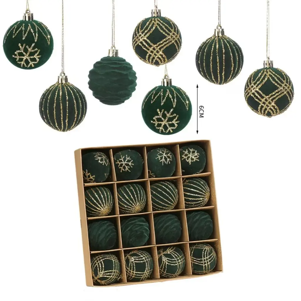 16Pcs Burgundy Green Cream Velvet Christmas Balls 2.36 Inch, Retro Flocked Shatterproof Hanging Ornaments with Gold Glitter Stripe & Waves, Vintage Winter Wonderland Tree Decor Set