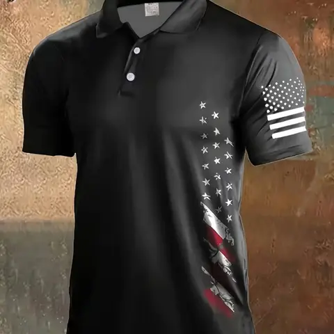 Men's American Flag, Casual Short Sleeve Graphic Tee, Slim-Fitting Long Clothing, Perfect for Daily Wear, Casual Polo Shirts