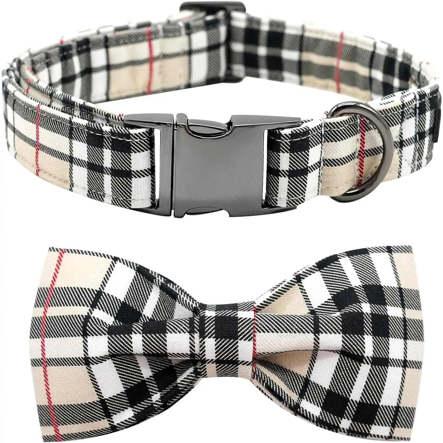 Classic Beige Plaid Dog Collar with for X-Small Puppies | Daily Walks,Outside Picnics Hikes,Adjustable,Breathable Cotton Collar with Bowtie,Heavy Duty Metal Buckle,Female/Male Dog