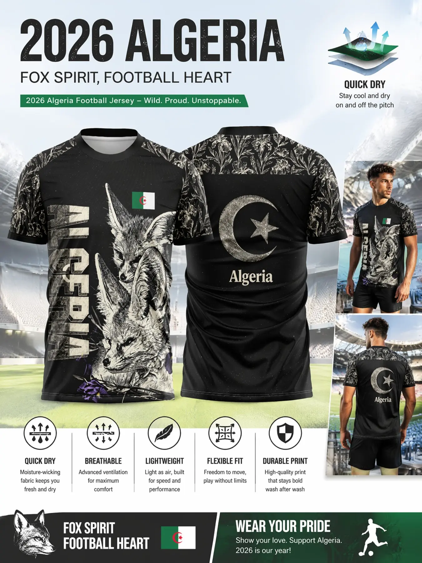 Algeria Football Fan Jersey, Floral Ribbed Sleeve, Sporty Short Sleeve T-Shirt, Breathable Elastic Sports Wear, North African Street Style