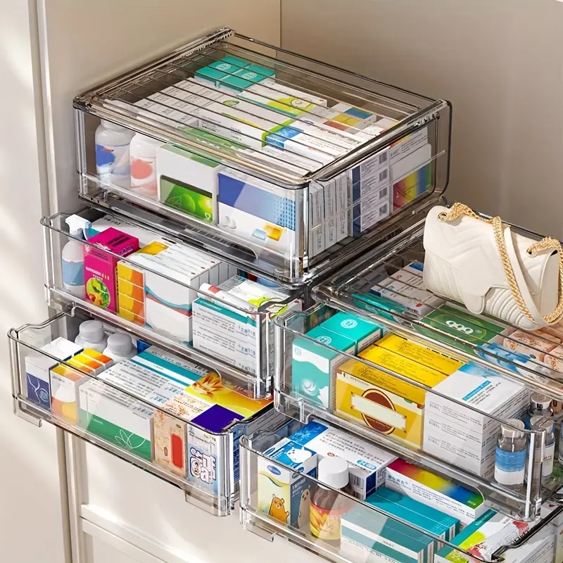 LDQ 1Pc Clear Plastic Medicine Organizer with Sliding Doors & Drawers, Multi-Tier Medicine Cabinet for Pills, Creams & Medications, Space-Saving Freestanding Design for Bathroom & Bedroom, Easy to Assemble, Durable Plastic