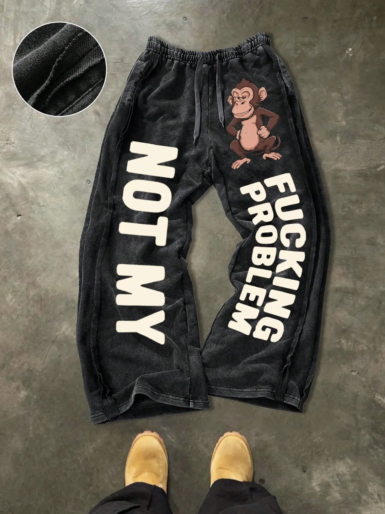 Men's Casual Cotton Pants, Monkey Letter Print, Street Style, Drawstring Waist, Ankle Length, All Seasons, Ideal for Outdoor & Holidays