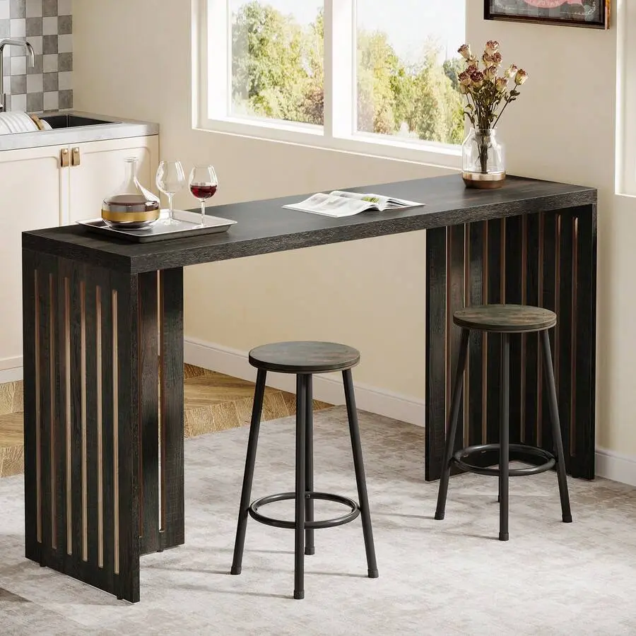 Bar Table, 63-Inch Counter Height Pub Table, Industrial Bar Height Table, Rectangular High Top Kitchen & Dining Counter Tables With Louvered Base For Narrow Space, Rustic Brown(Only Table)
