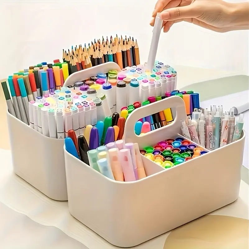 Multifunctional Storage Basket with Handle, Portable Pencil Organizer, Large Plastic Pencil Box, Stackable Transparent Marker Holder, Art Supply Organizers