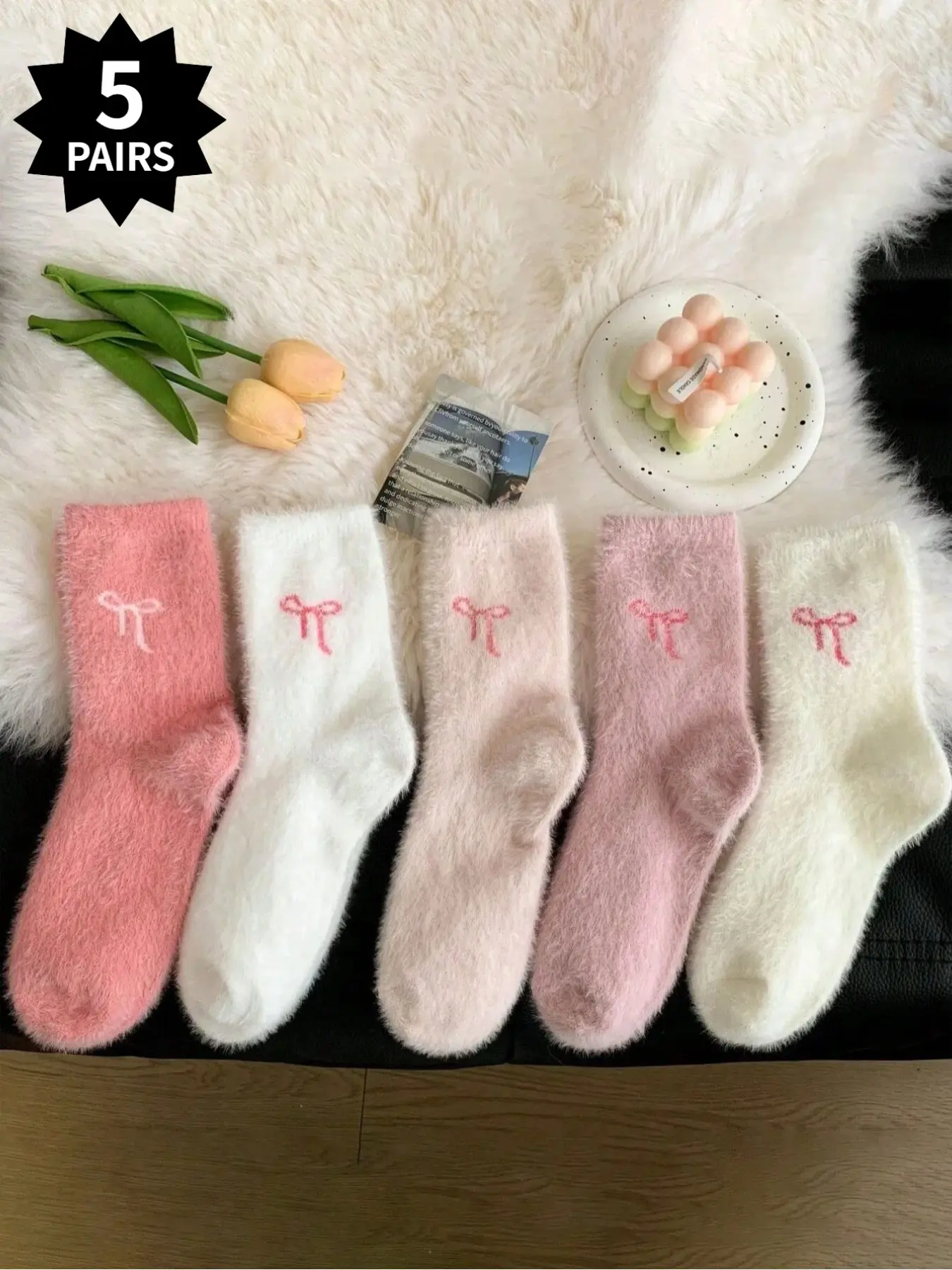 5-Pair Set of Women's Pink Bow Coral Fleece Mid-Calf Socks—Floor Socks, Fuzzy Socks—Sweet and Simple, Warm, Soft, and Comfortable, Perfect for Everyday Wear in Fall and Winter