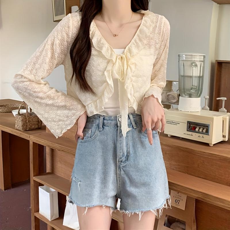 Elegant and Lightweight Lace-up Cardigan-Breathable Chiffon Shawl, Ruffles, Long Sleeves, Sun Protection-Spring/Women's Summer Top, Soft Blue, White, Cream, Pink, Black Fitted Knitwear Womenswear Basic Beige Casual