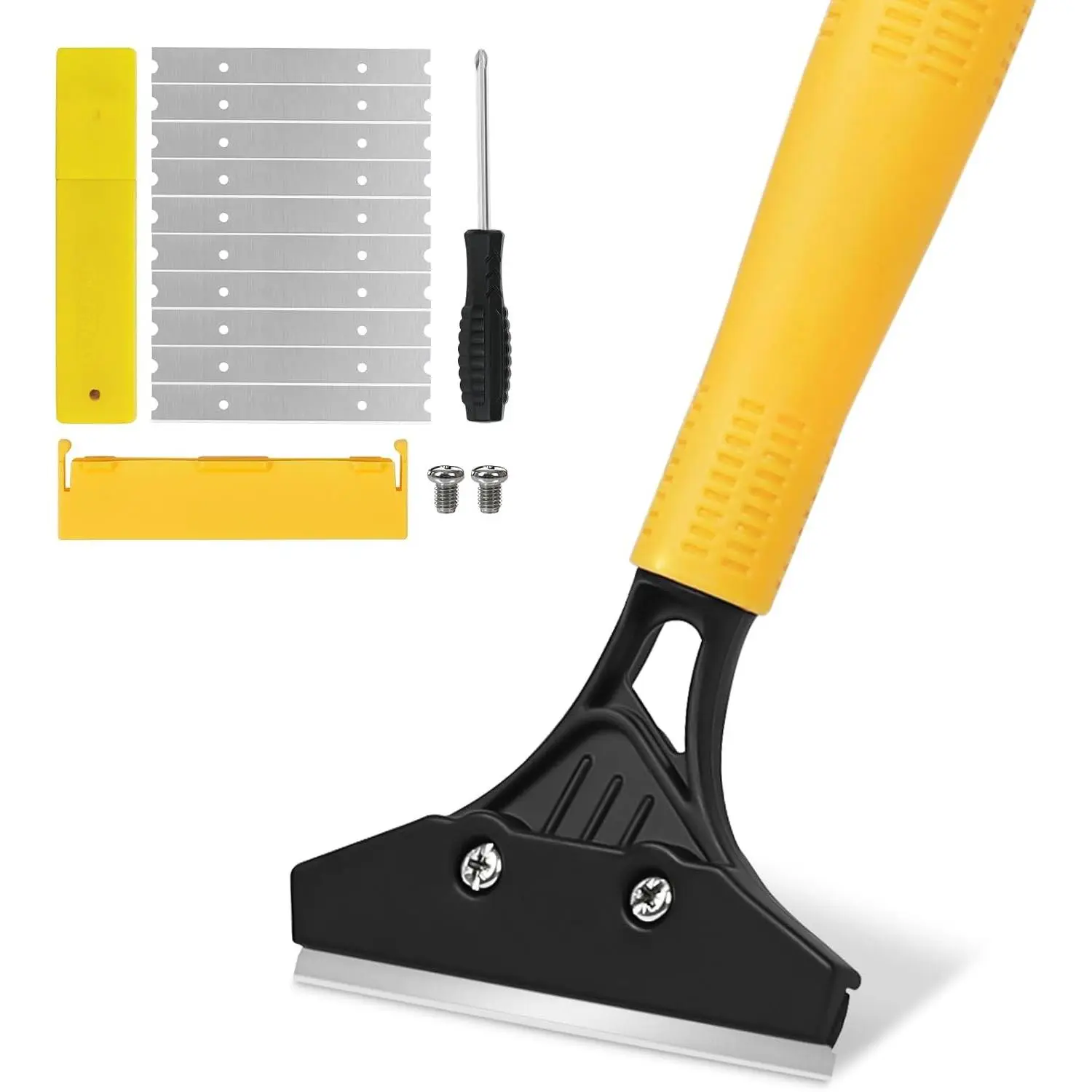 Heavy Duty Floor Scraper with 44.5” long handle, 4” Scraper Tool with 10 Replacement Metal Razor Blades, Paint Scraper for Cleaning Gum Glass Wall Tile Glue Linoleum Stove Top