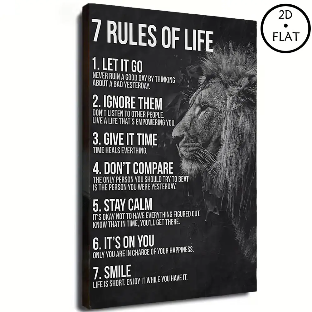 Black & White Motivational Wall Decor, Unframed Canvas Print of Lion With "7 Rules of Life" Quotes, Mindset Artwork for Office & Gym Decoration,  poster for boyfriend  , dopamine   Decor   items church unique art decoration